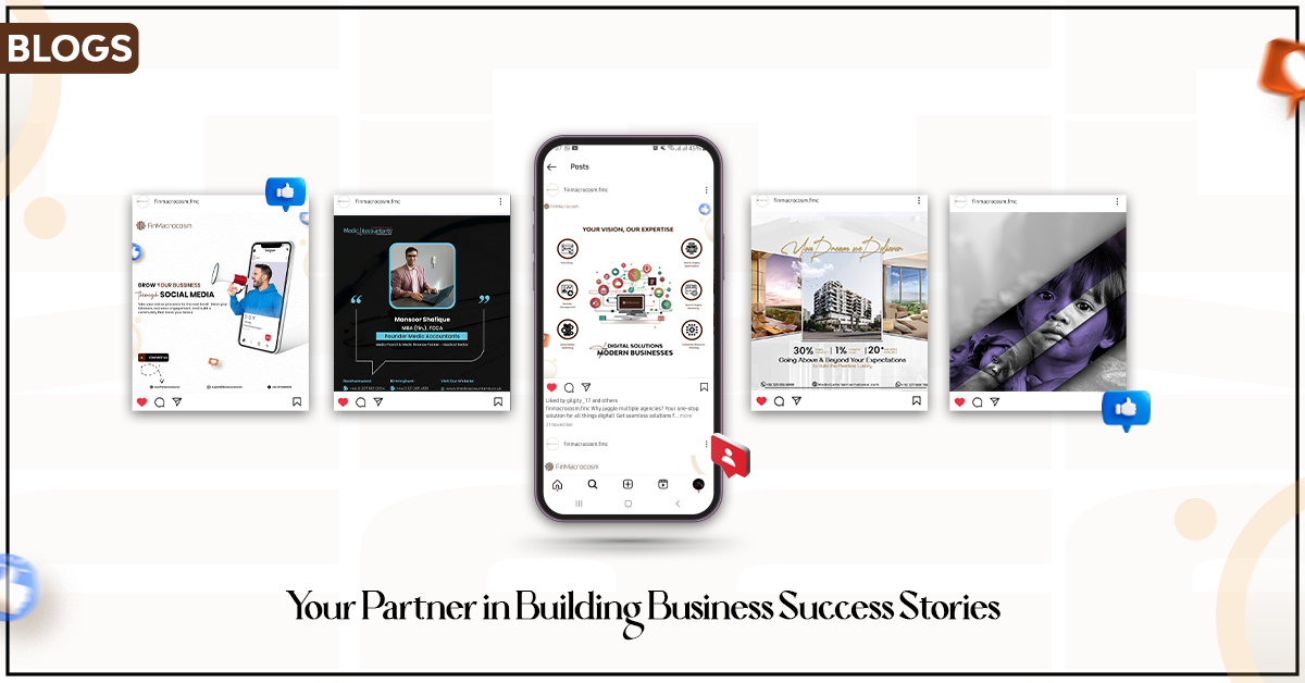 A collection of blog posts displayed on a screen, showcasing various business success stories and strategies, with the central message 'Your Partner in Building Business Success Stories.