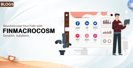 Finmacrocosm's promotional banner for dynamic solutions, featuring a digital dashboard and a user interacting with a tablet.