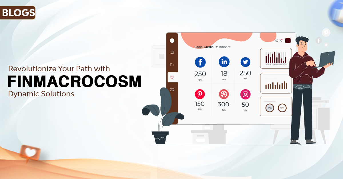 Finmacrocosm's promotional banner for dynamic solutions, featuring a digital dashboard and a user interacting with a tablet.